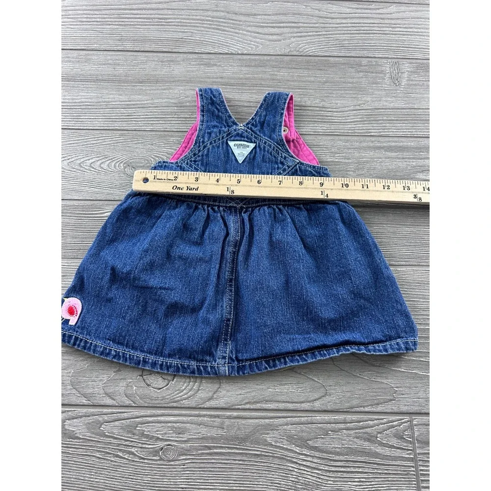 OshKosh Bgosh Baby Girls Denim Jumper Dress Embroidered Cat Apple Size 3-6M